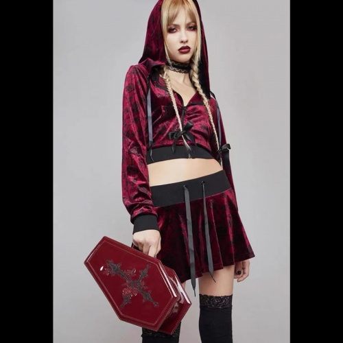 hot Gothic patent leather embroidery coffin bag red punk dark makeup bag women's handbag