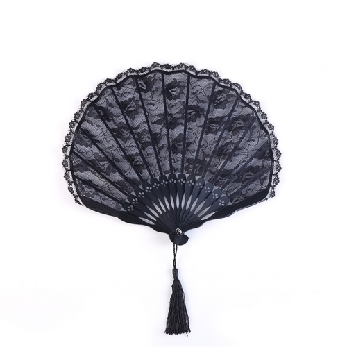 Classical embroidered lace folding fan Dance ancient style black fan portable small round fan summer shell lace fan