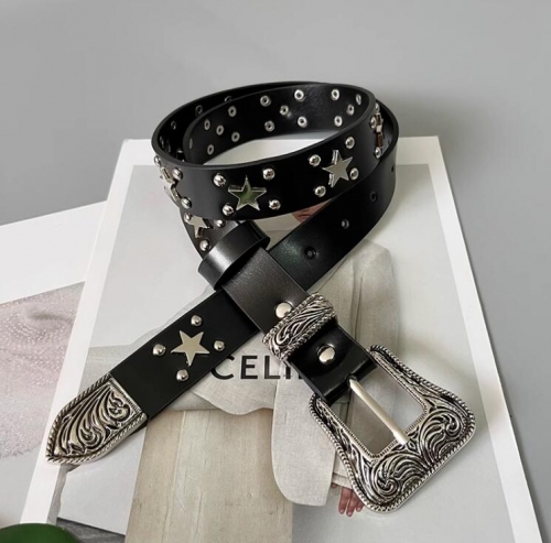 BT-30Black leather star rivet decoration belt punk retro carved buckle fashionable all-match y2k hot girl wide belt